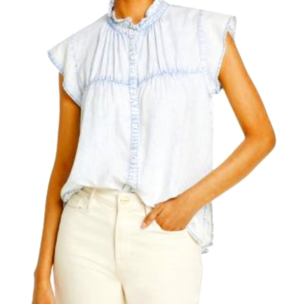 Rails Ruthie Ruffle Sleeve Denim Chambray Top Shirt Button Front Lyocell Linen S